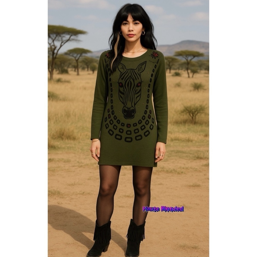 Vintage 80s Deadstock Sweater Dress Zebra Studded Jewel Art Deco Body Con Safari